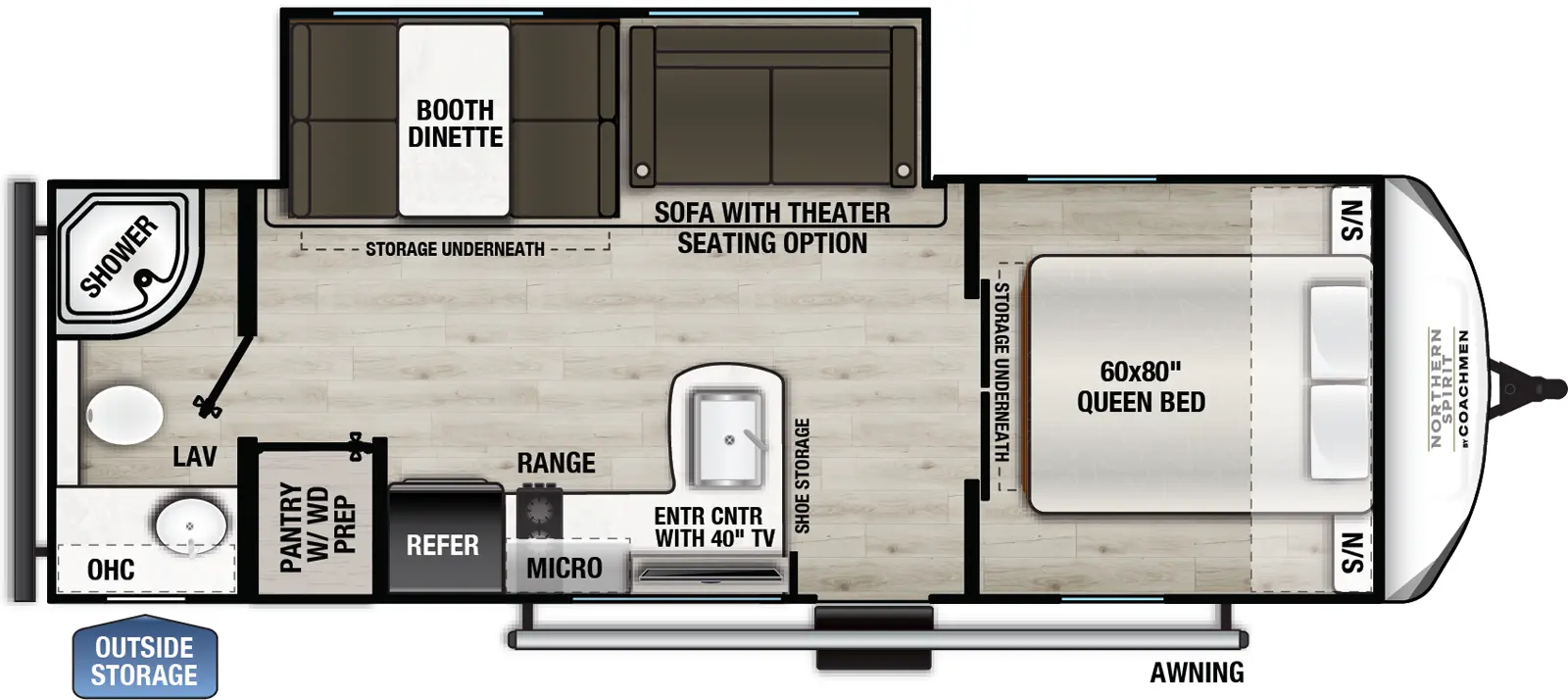 The Northern Spirit SE 24RB floorplan has one entry and one slide out. Exterior features include: fiberglass exterior and 14' awning. Interiors features include: front bedroom and rear bathroom.